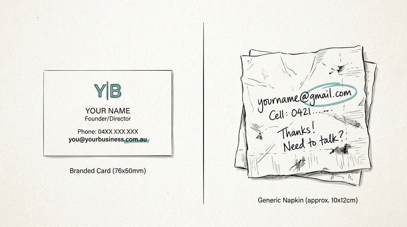 Boost Your Business with Professional Email Hosting Australia 1 Comparison of a professional business card with branded email vs. A crumpled napkin with a generic email.