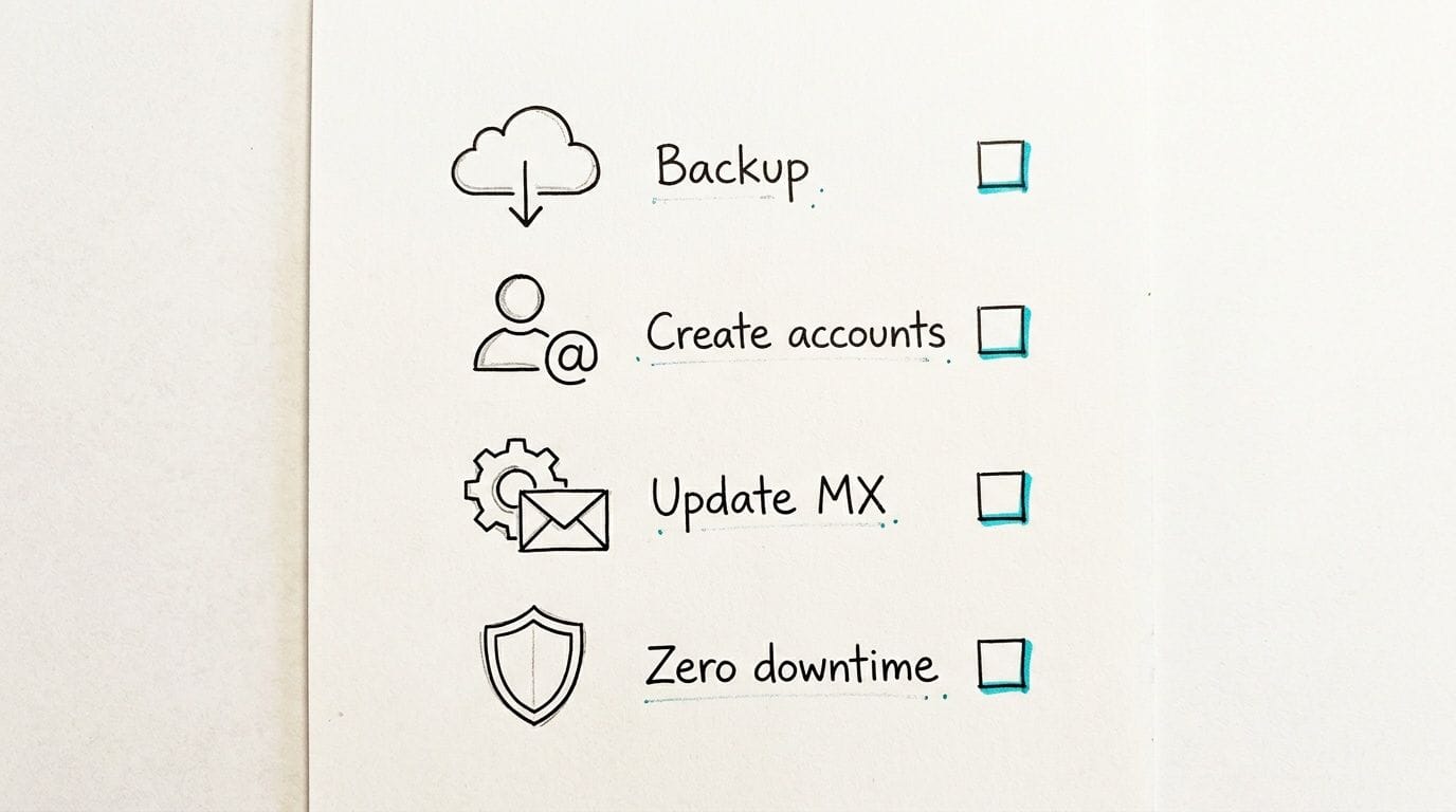 Boost Your Business with Professional Email Hosting Australia 6 A handwritten checklist on a white page with icons for backup, create accounts, update mx, and zero downtime.