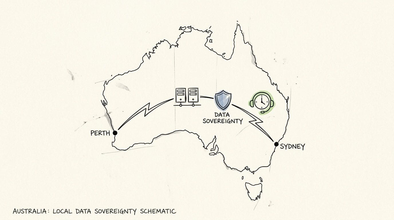 Boost Your Business with Professional Email Hosting Australia 3 Schematic map of australia illustrating data flow from perth to servers, protected by data sovereignty, then to sydney support.