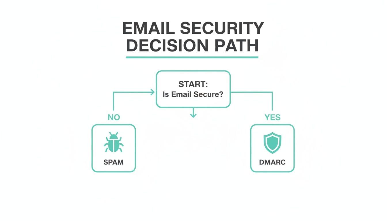 Boost Your Business with Professional Email Hosting Australia 5 Flowchart illustrating an email security decision path, starting with "is email secure? " and branching to spam or dmarc.