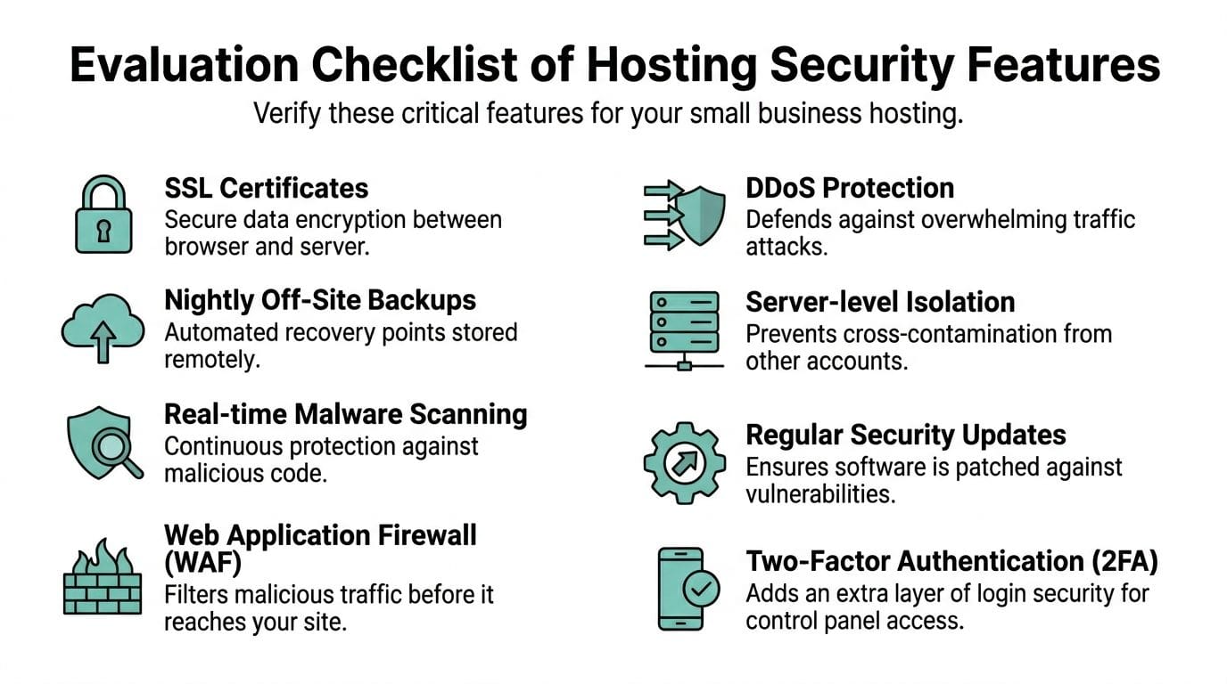 Secure WordPress Hosting for Small Business with UpTime 2 An infographic checklist titled evaluation checklist of hosting security features showing eight critical security practices for businesses.