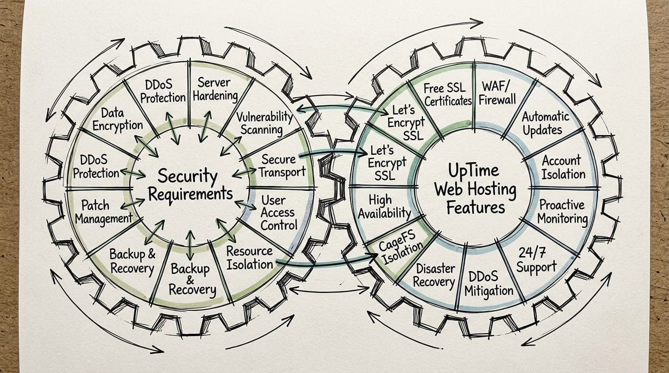 Secure WordPress Hosting for Small Business with UpTime 4 A hand-drawn diagram showing two interlocking gears illustrating the relationship between security requirements and web hosting features.