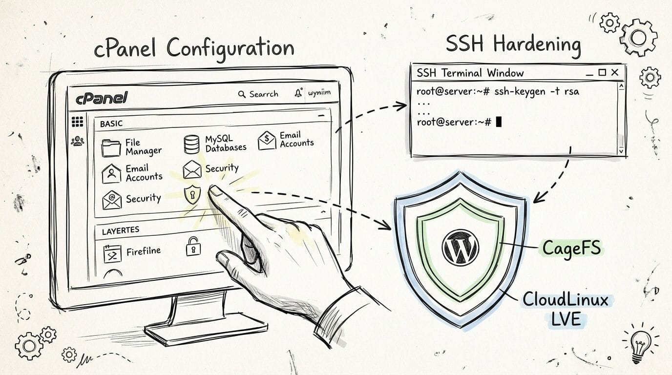 Secure WordPress Hosting for Small Business with UpTime 3 A hand interacting with cpanel settings for server security, including ssh hardening and wordpress hosting protection.