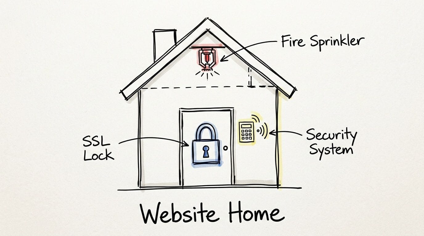 Secure WordPress Hosting for Small Business with UpTime 1 A hand-drawn illustration depicting a house with a sprinkler, a lock, and a security system panel.