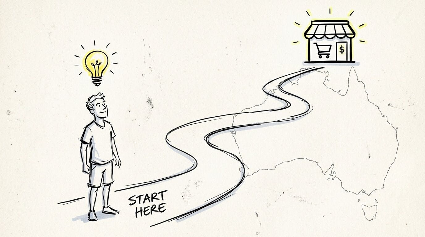 Start Selling Products Online in Australia Successfully 1 A hand-drawn illustration showing a man with an idea beginning a journey toward an online retail shop in australia.