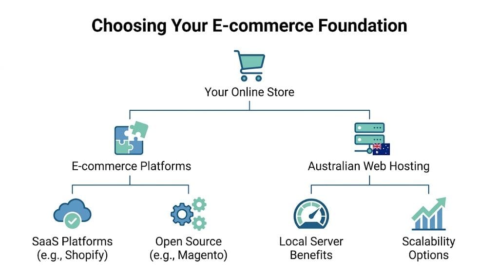 Start Selling Products Online in Australia Successfully 3 A diagram outlining the foundation of an online store including e-commerce platforms and australian web hosting options.