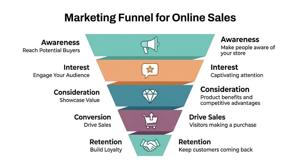Start Selling Products Online in Australia Successfully 6 A visual marketing funnel diagram illustrating the five stages of selling products online to customers.