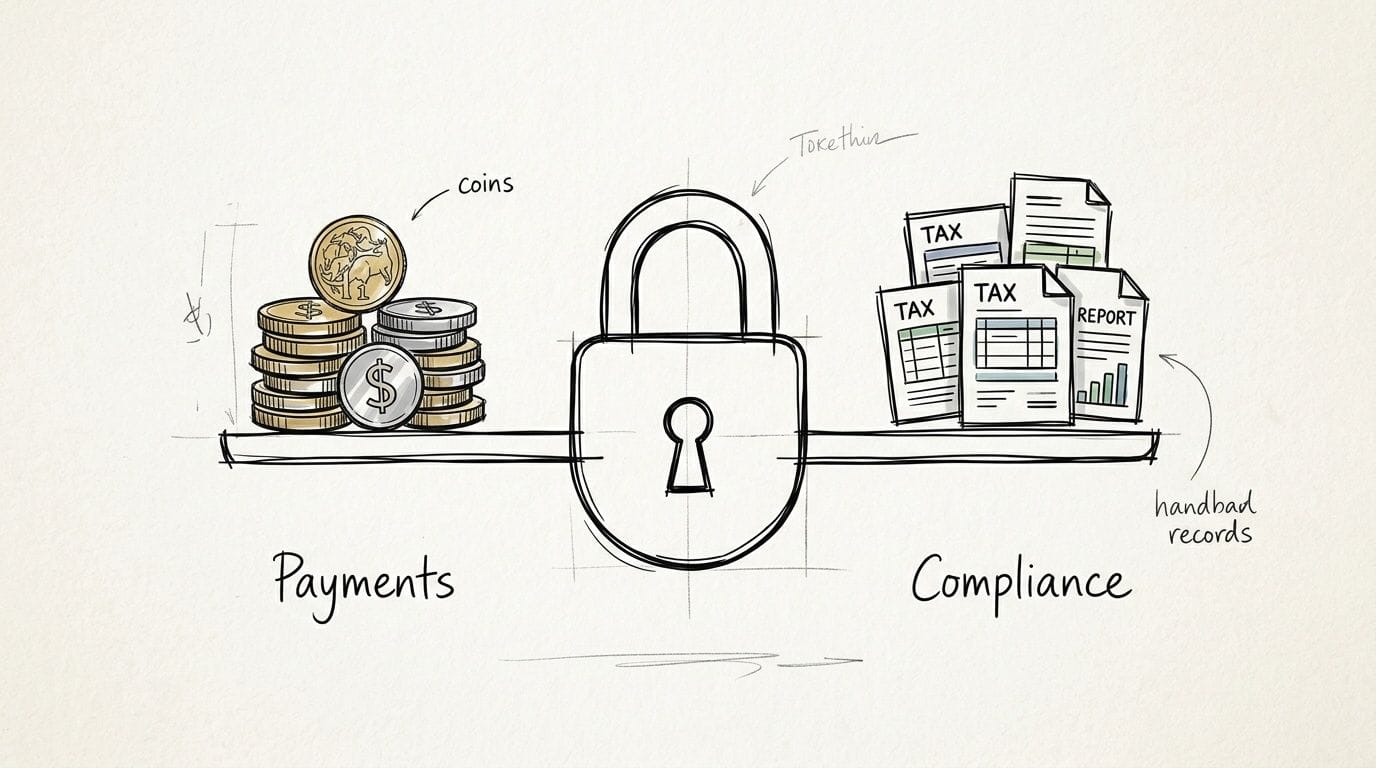 Start Selling Products Online in Australia Successfully 5 A conceptual sketch balancing gold coins for payments and tax reporting documents for compliance with a central padlock.