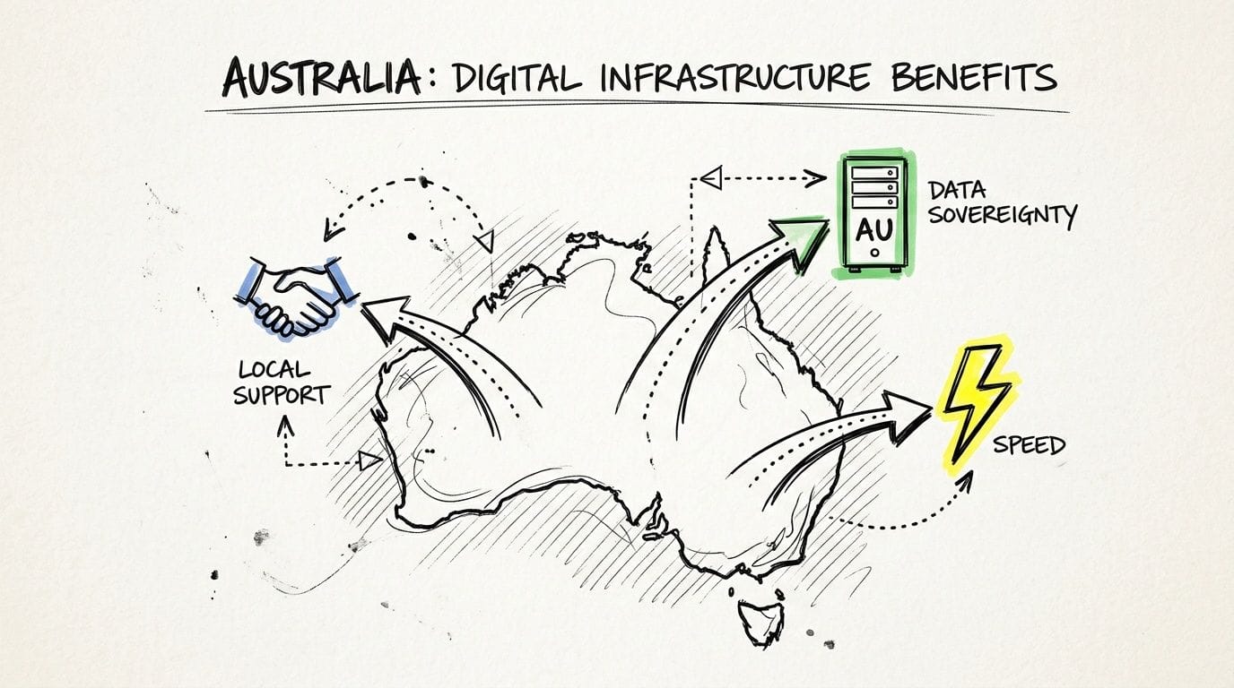 A hand-drawn sketch illustrating the benefits of digital infrastructure in australia including local support, data sovereignty, and speed.