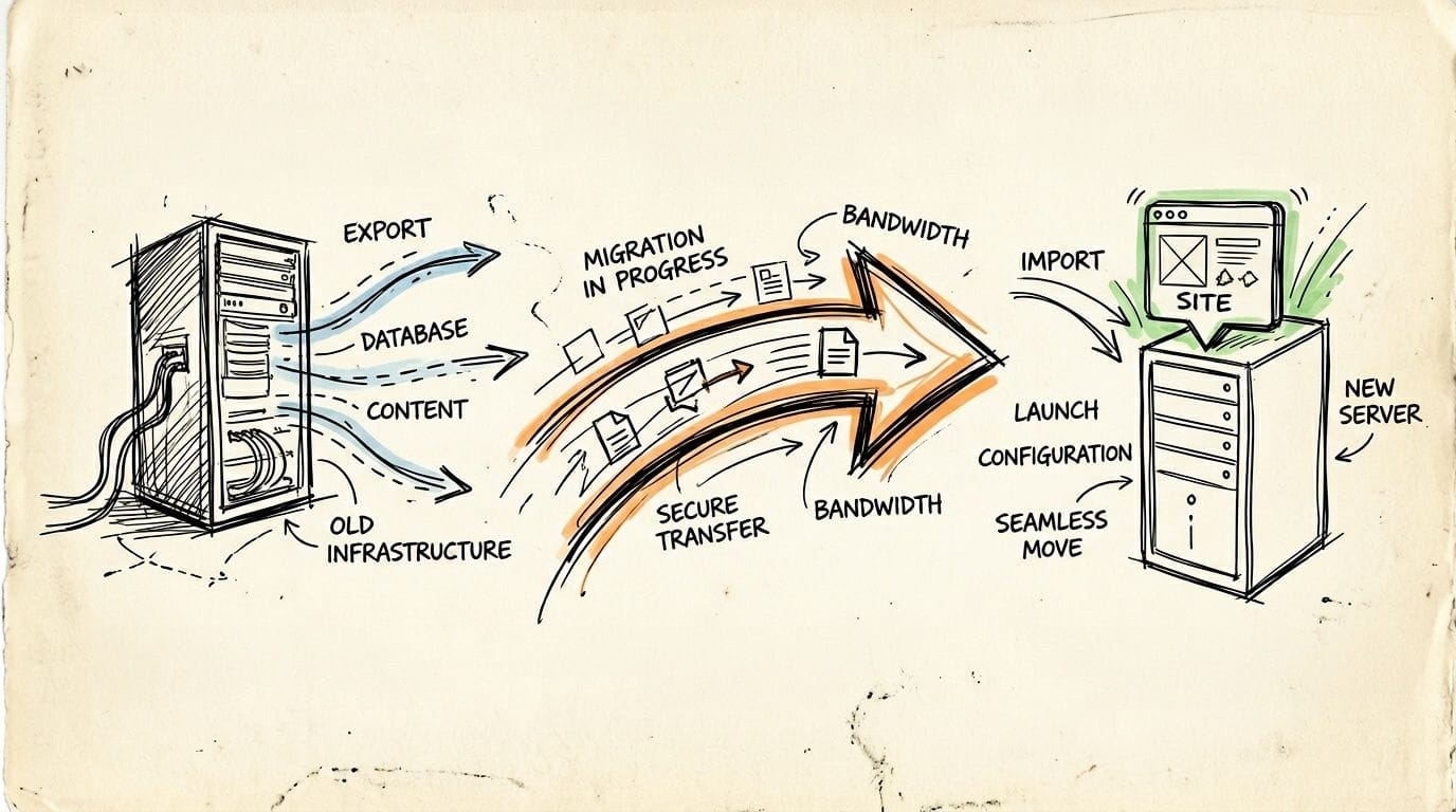 A hand-drawn illustration showing the process of migrating data from an old infrastructure to a new server.