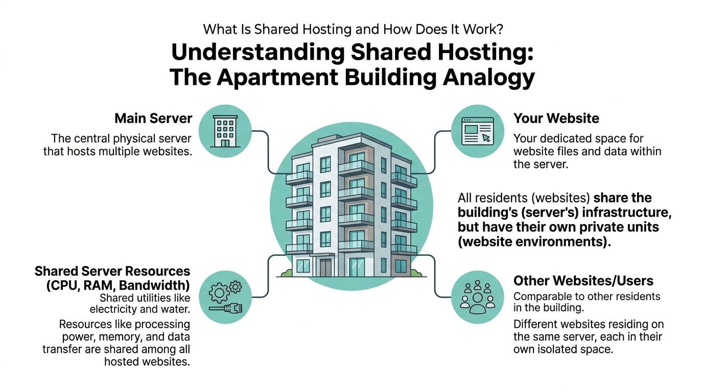 An infographic explaining shared hosting using an apartment building analogy with server resources and user websites.