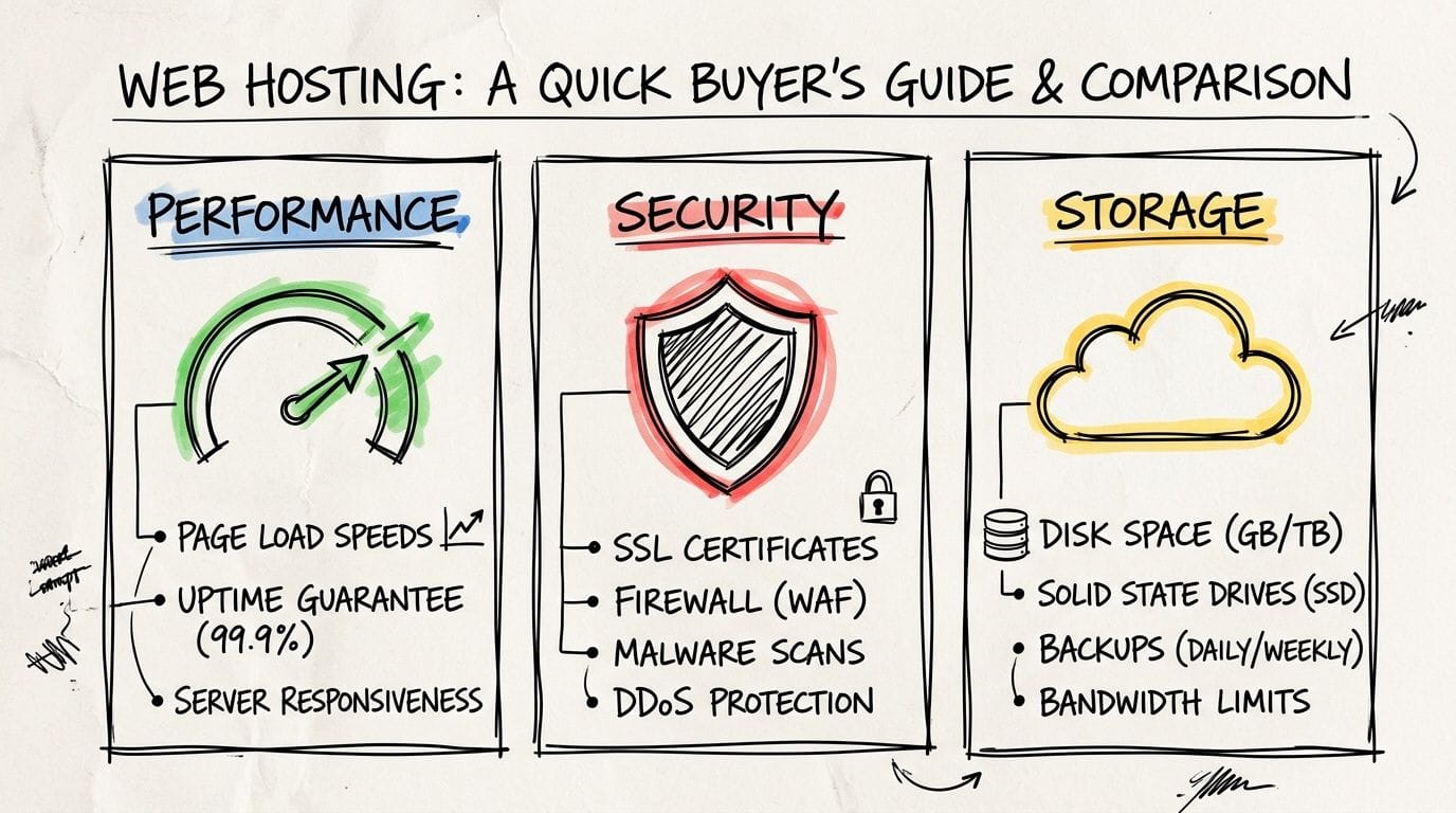 A hand-drawn guide illustrating the key factors of web hosting including performance, security, and storage features.