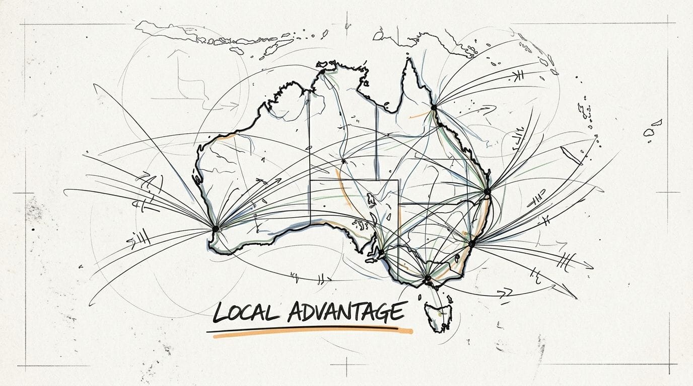 A hand-drawn sketch of an australian map showing interconnected flight paths and hub locations labeled local advantage.