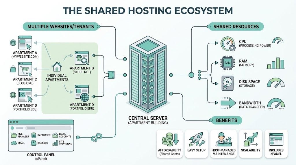 A diagram illustrating the shared web hosting ecosystem as an apartment building with shared server resources.