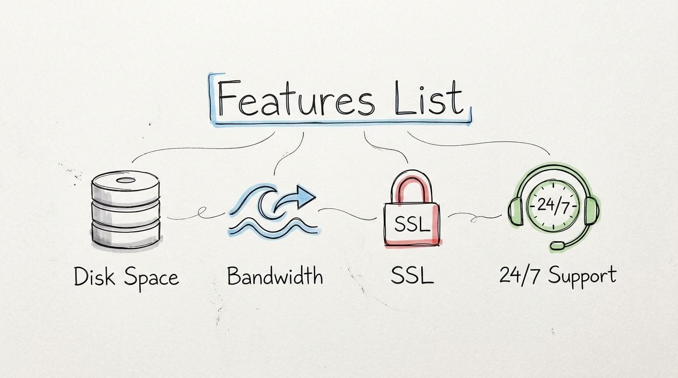 A hand-drawn illustration listing shared web hosting features including disk space, bandwidth, ssl security, and 24/7 support.