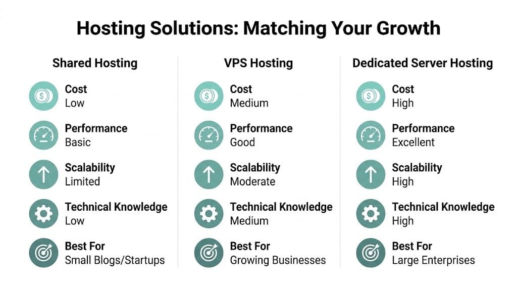 A comparison chart showing features and differences between shared, vps, and dedicated server hosting solutions.