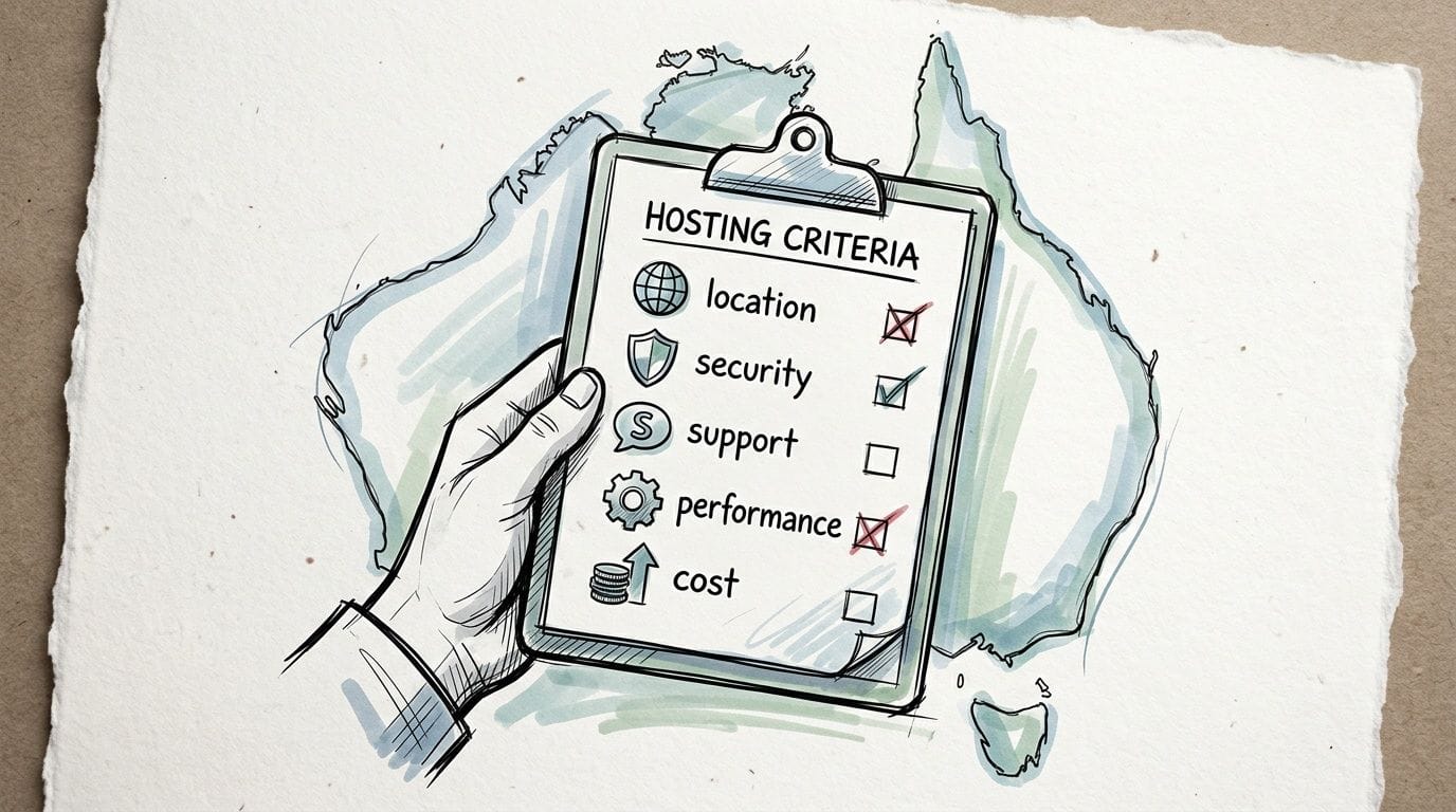 A hand holding a clipboard with a checklist of hosting criteria including location, security, support, performance, and cost.