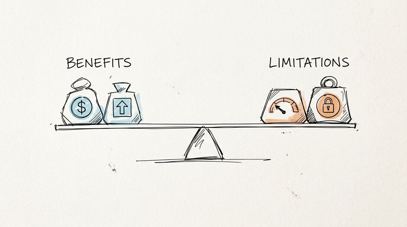 A hand-drawn balance scale comparing benefits represented by money and growth against limitations like constraints and security.