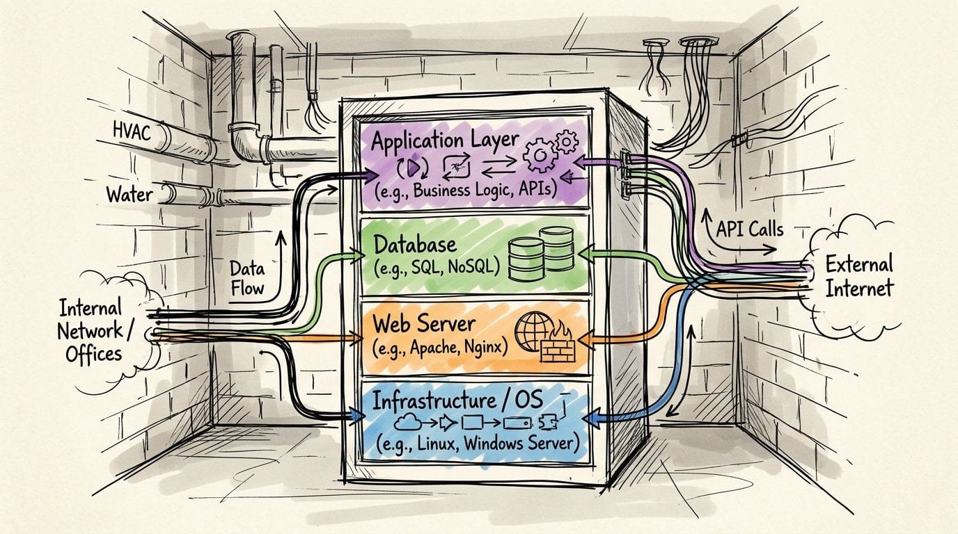 A diagram illustrating a server rack architecture with layers for applications, databases, web servers, and infrastructure.