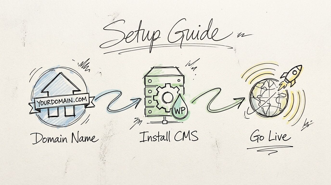 A hand-drawn illustration showing the three-step website setup process: register domain, install cms, and go live.
