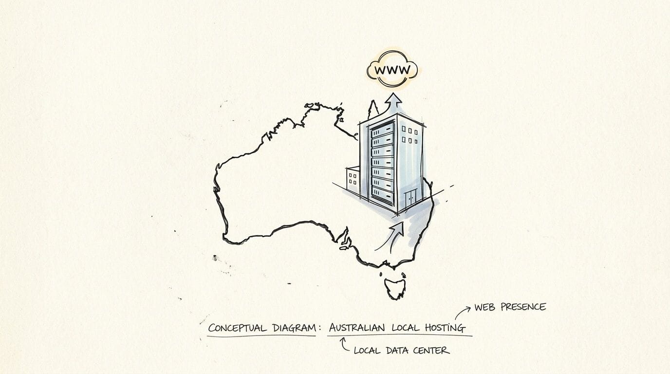 A hand-drawn illustration depicting a data center located within the australian continent for local web hosting.