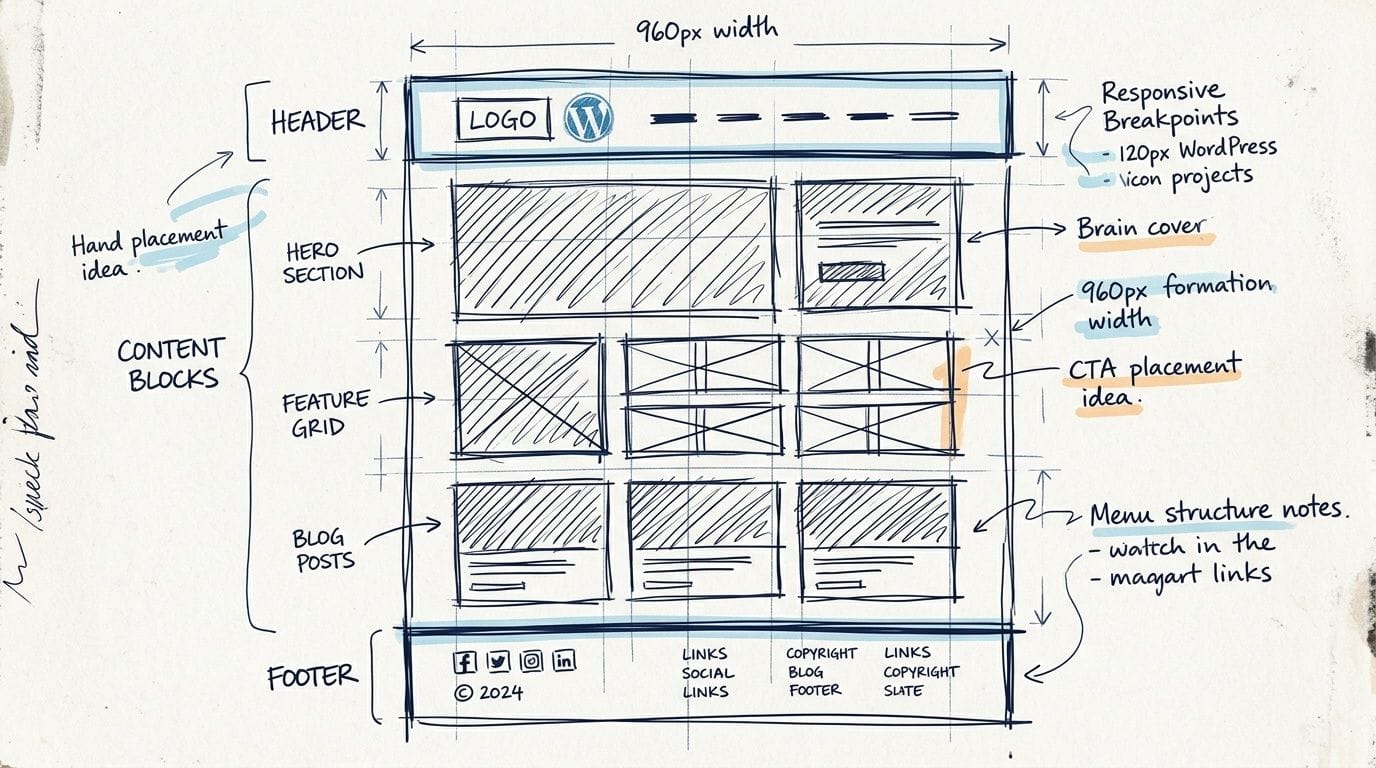 A hand-drawn wireframe sketch for a website layout, showcasing sections like header, hero, features, blog, and footer.