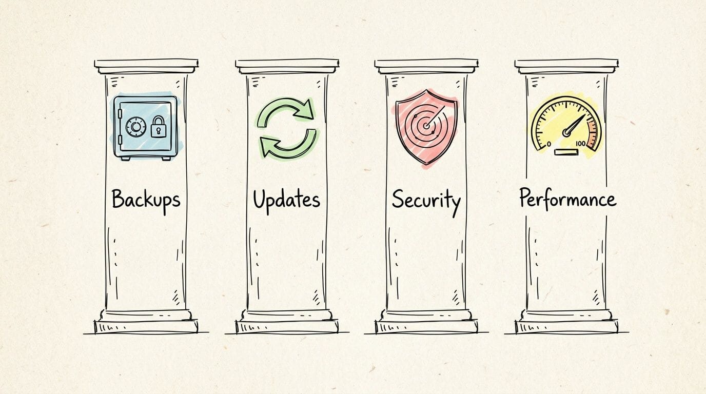 Hand-drawn pillars illustrate the four key elements of a website care plan: backups, updates, security, performance.