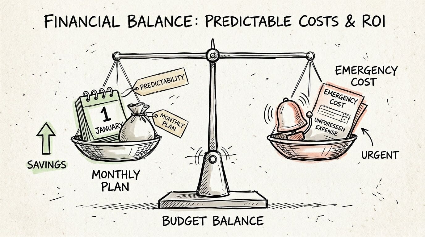 A balance scale illustrates financial balance, comparing predictable monthly plans and savings against unforeseen emergency costs.