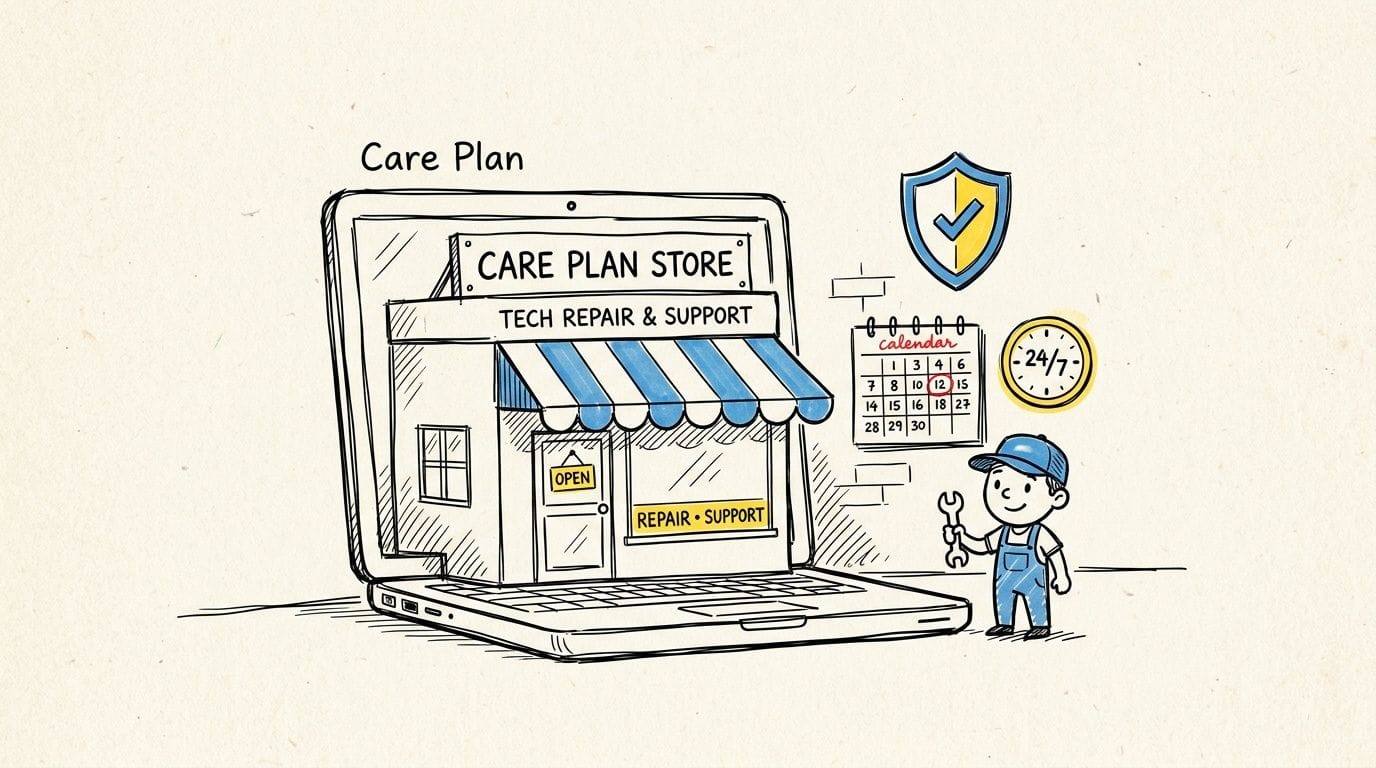 Illustration of a laptop displaying a 'care plan store' offering tech repair, support, and 24/7 service.