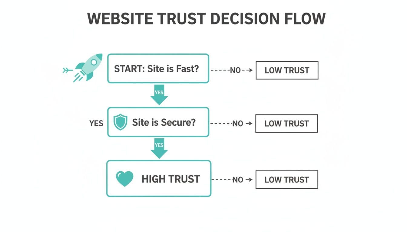 Flowchart illustrating website trust decision flow based on site speed and security checks.
