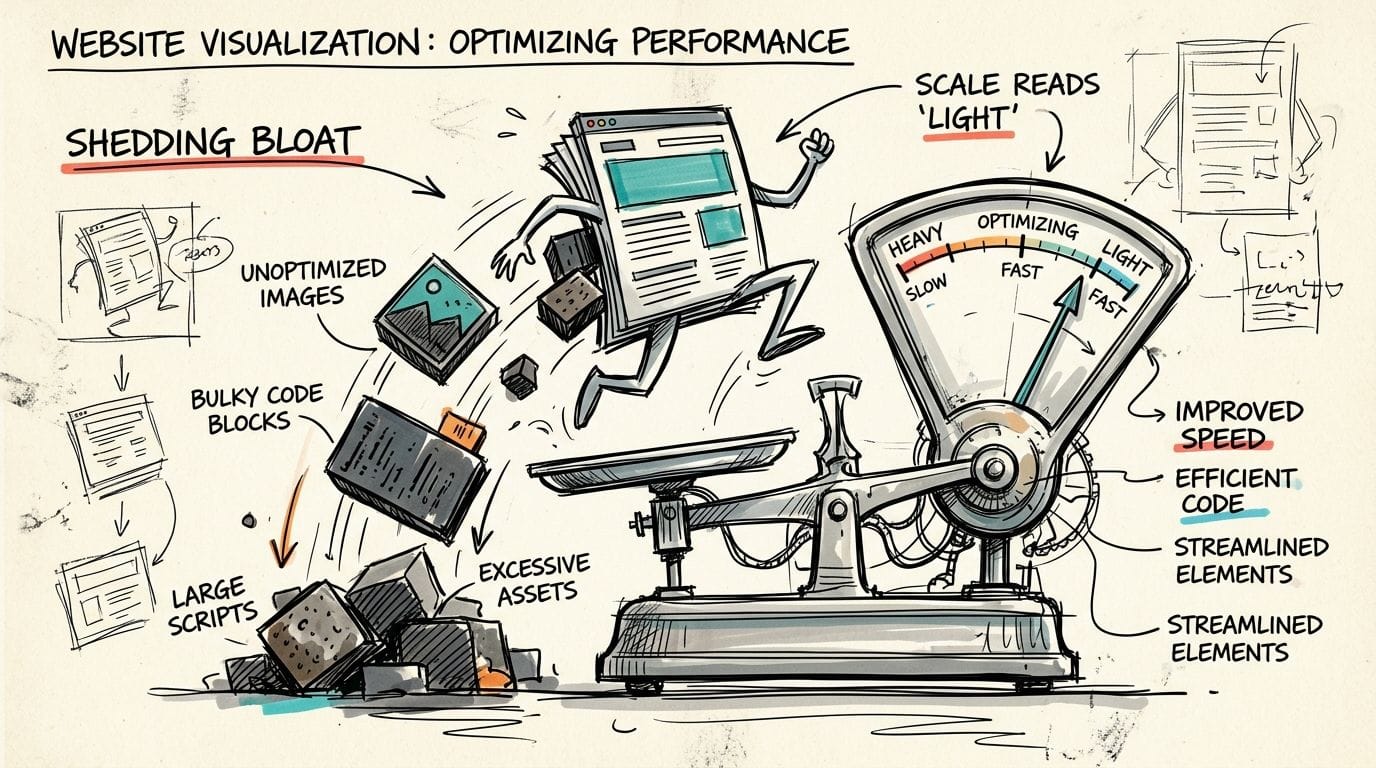 A hand-drawn illustration depicting a website shedding unnecessary weight to improve loading speed and performance.