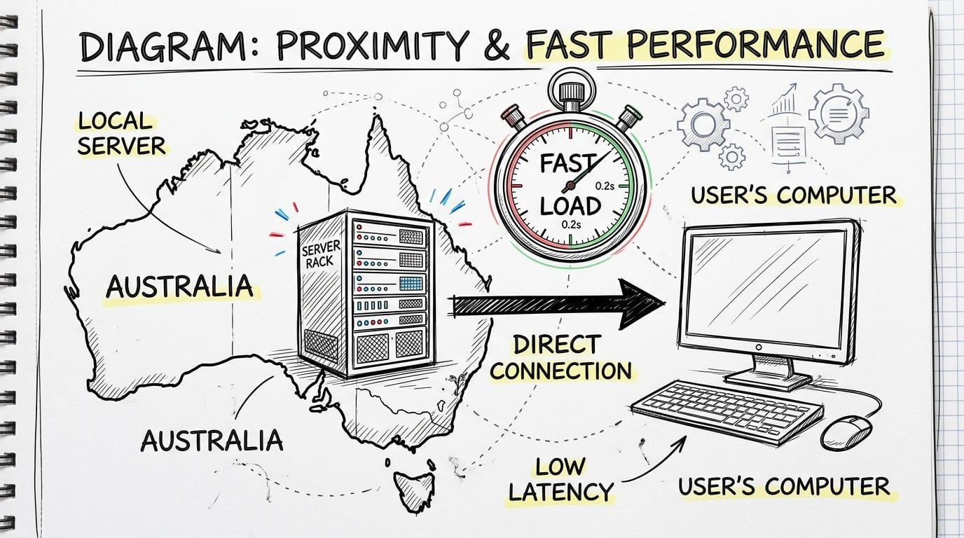 A diagram illustrating how a local australian server improves website speed and performance for local users.