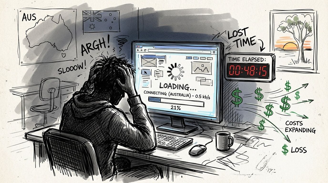 A frustrated user looking at a computer screen showing slow website loading times in australia.