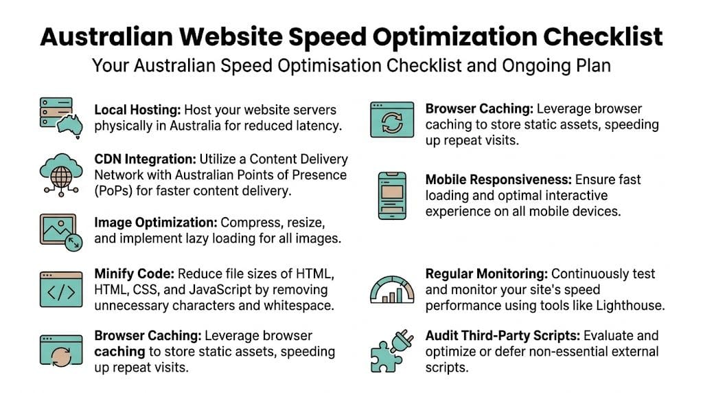A checklist infographic titled australian website speed optimization checklist with tips to improve website load speeds.