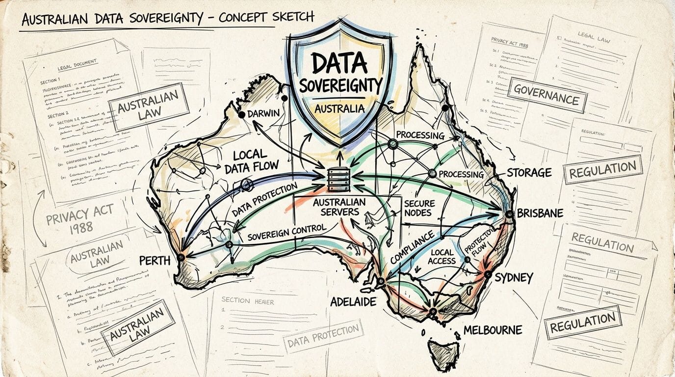 Why Switch to Local Australian Hosting? An SMB Guide 4 A hand-drawn concept sketch map of australia illustrating data sovereignty, local servers, and compliance regulations.