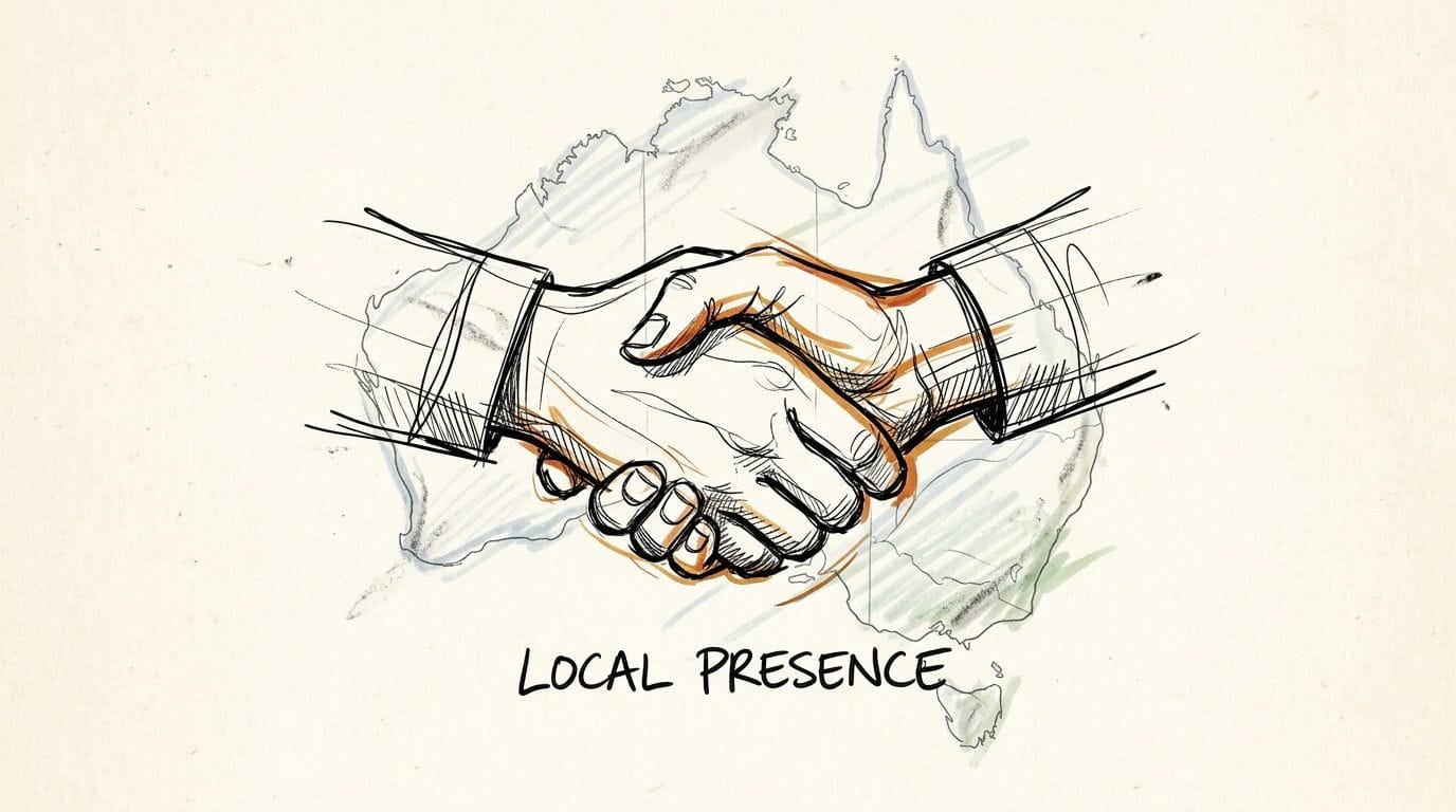 Why Switch to Local Australian Hosting? An SMB Guide 6 A hand-drawn illustration featuring a firm handshake over a sketched map of the australian continent.