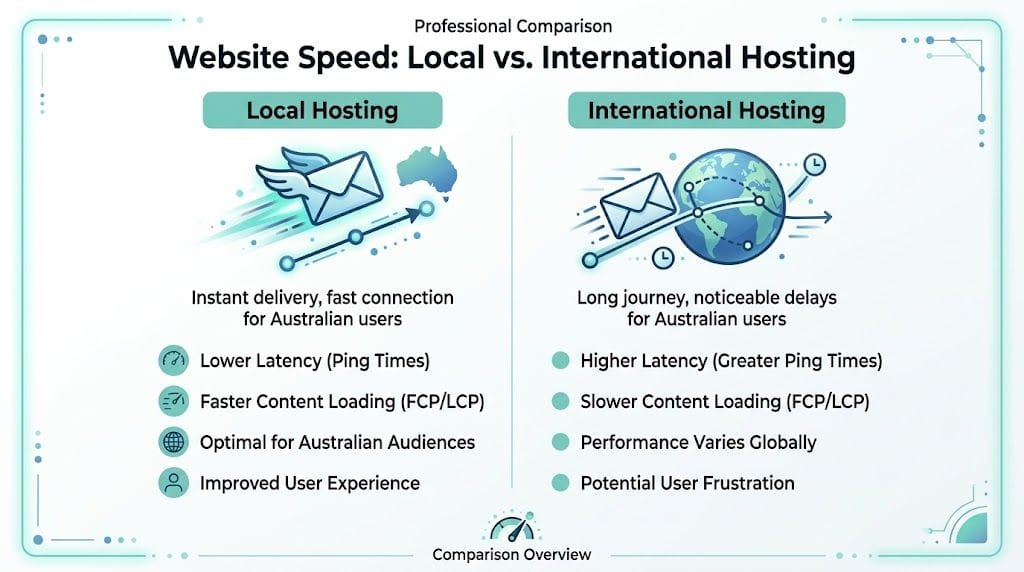 Why Switch to Local Australian Hosting? An SMB Guide 1 A comparison chart highlighting the speed advantages of local australian hosting over international website hosting options.
