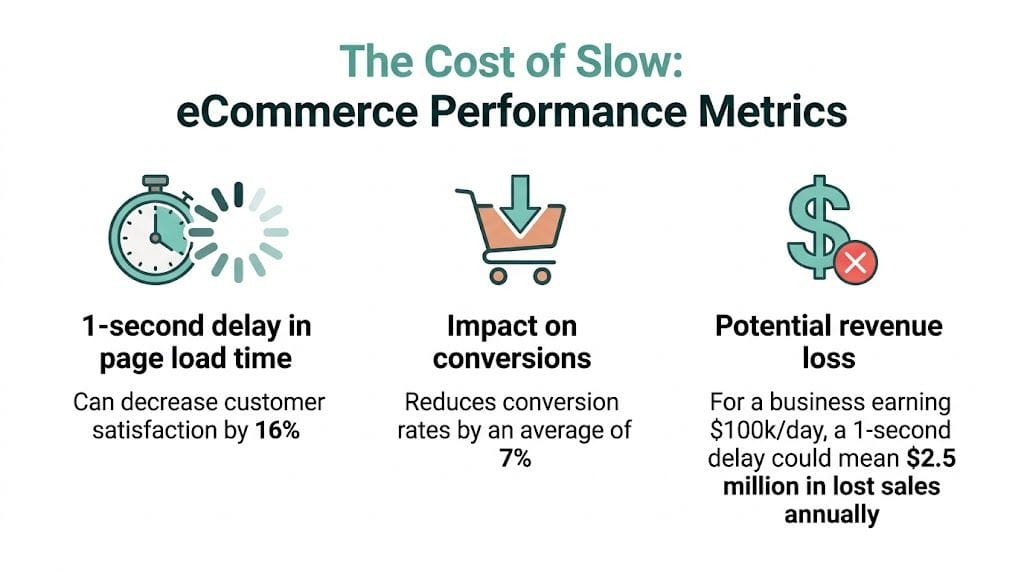 Why Switch to Local Australian Hosting? An SMB Guide 3 An infographic illustrating how a one-second delay in page load time impacts e-commerce revenue and customer conversions.