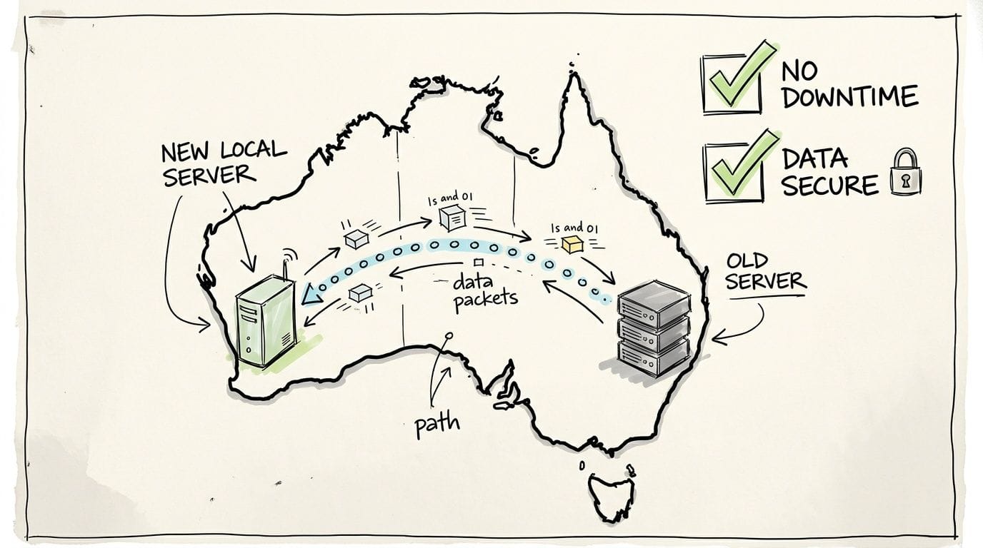 Why Switch to Local Australian Hosting? An SMB Guide 7 A hand-drawn illustration showing data migrating from an old server to a new local australian server.