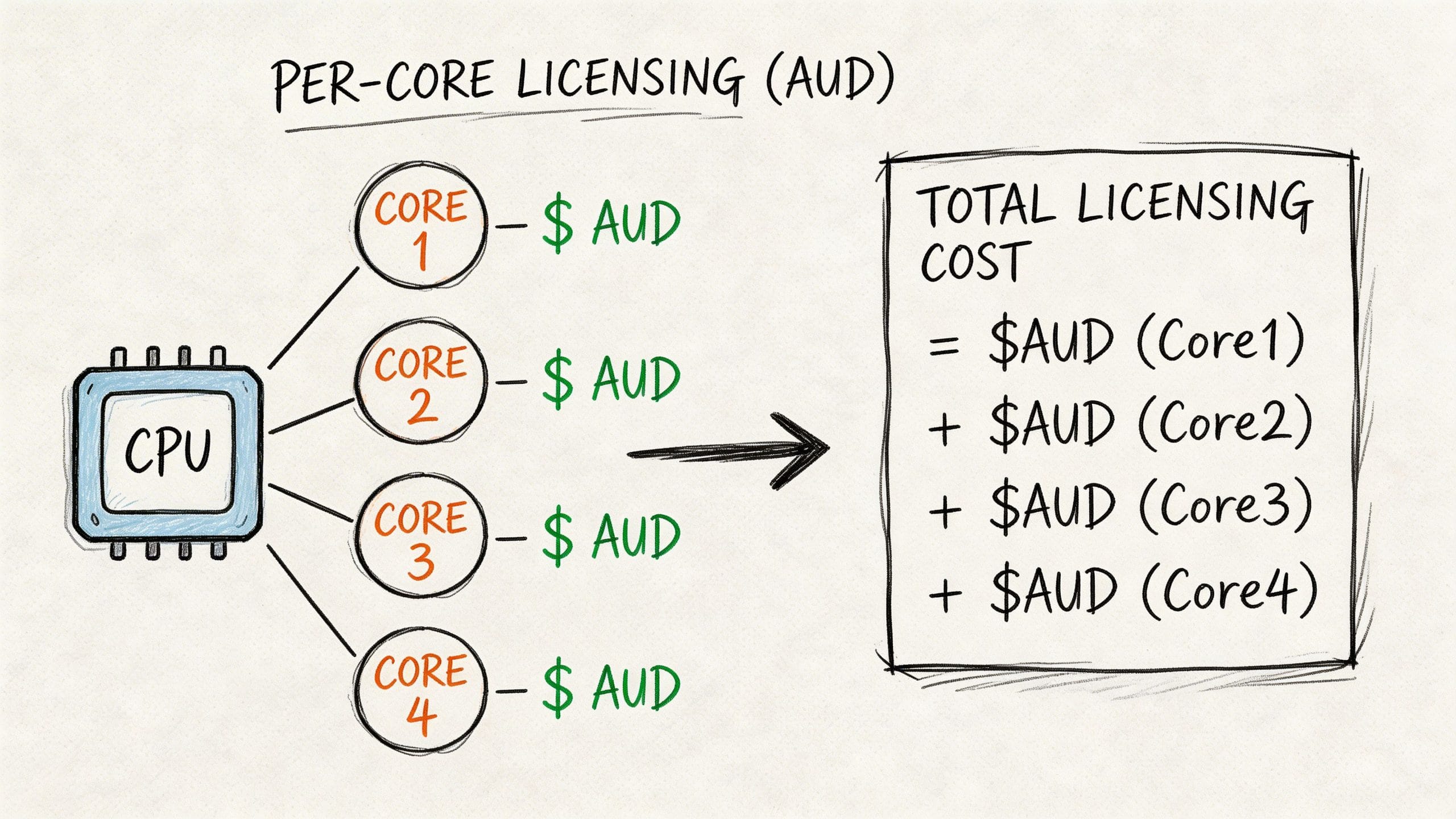 Windows Server 2022: Your AU Guide for SMBs (2026) 7 A diagram illustrating per-core software licensing costs for a processor with four individual cores.