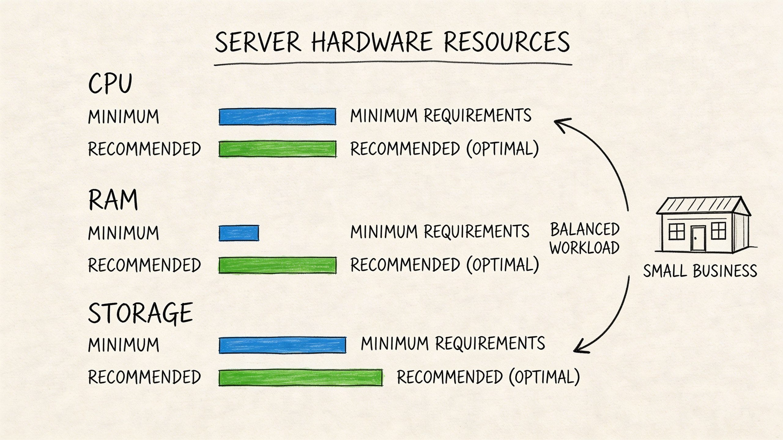 Windows Server 2022: Your AU Guide for SMBs (2026) 5 A diagram comparing minimum and recommended hardware requirements for cpu, ram, and storage for a small business server.