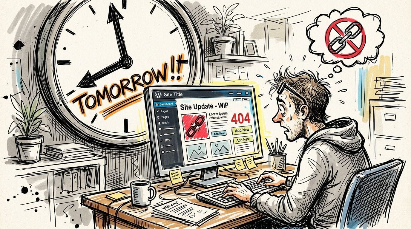 Wordpress Duplicate Page: Duplicate WordPress Page: Fast & 1 A stressed developer working on a wordpress site update with a 404 error and broken link icon.