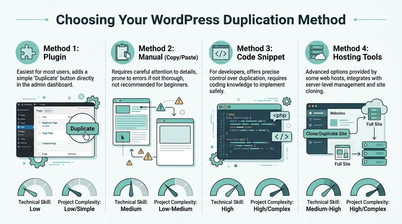 Wordpress Duplicate Page: Duplicate WordPress Page: Fast & 3 An infographic illustrating four different methods for duplicating a wordpress website, from plugins to server-level tools.