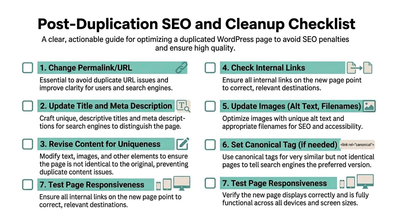 Wordpress Duplicate Page: Duplicate WordPress Page: Fast & 6 A checklist infographic outlining seven essential steps for optimizing a duplicated wordpress page for search engine ranking.