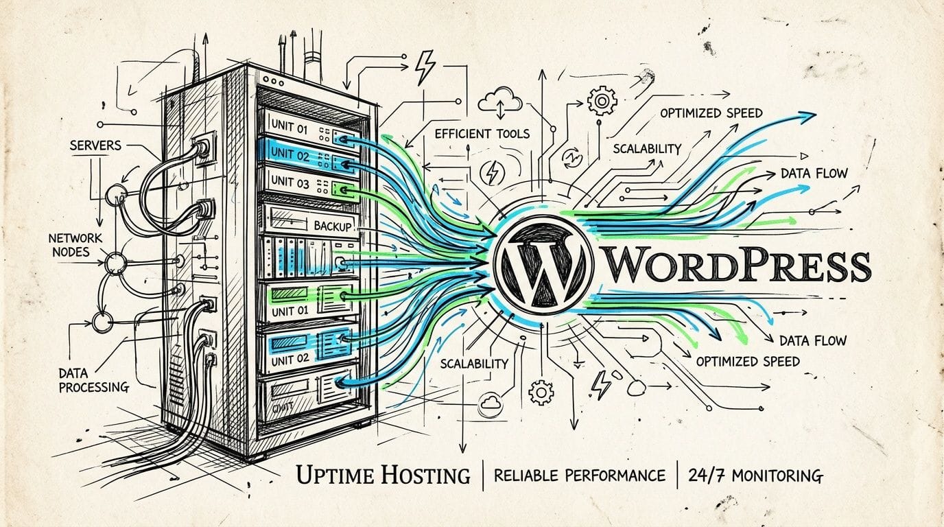 Wordpress Duplicate Page: Duplicate WordPress Page: Fast & 7 A hand-drawn illustration showing a server rack connected to the wordpress logo, representing optimized web hosting.