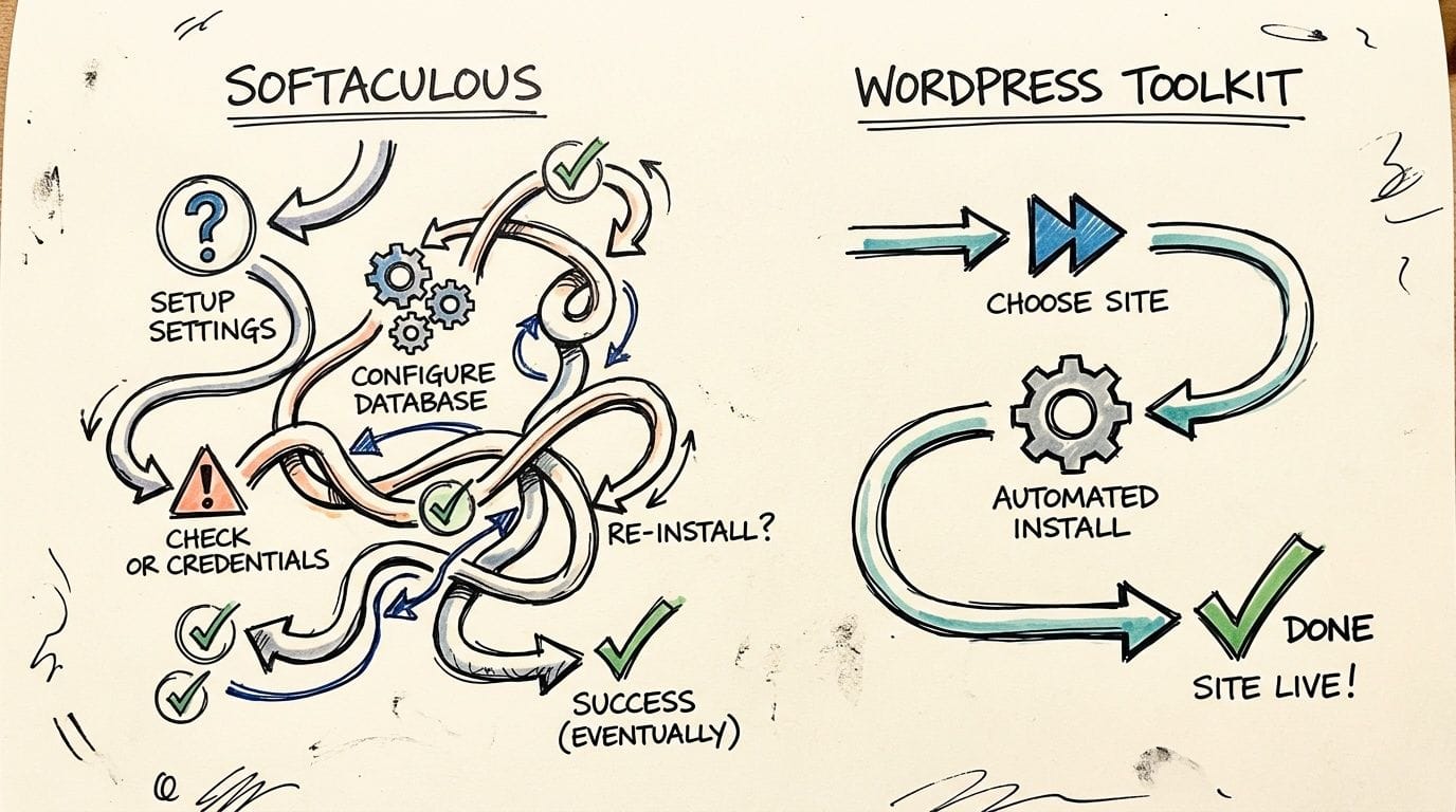 WordPress Toolkit vs Softaculous: 2026 Showdown 5 A diagram comparing the complex installation process of softaculous to the simple, automated workflow of wordpress toolkit.