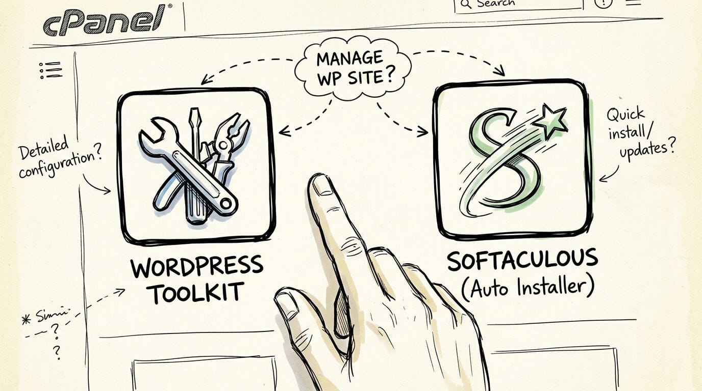WordPress Toolkit vs Softaculous: 2026 Showdown 1 A hand selecting between wordpress toolkit for configuration or softaculous for installations on a cpanel interface sketch.
