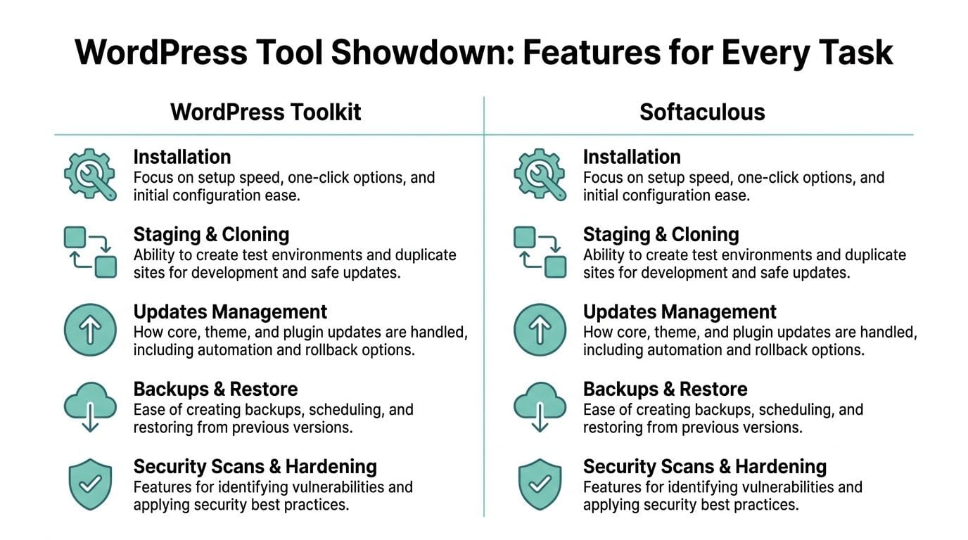 WordPress Toolkit vs Softaculous: 2026 Showdown 3 A comparison chart showing features of wordpress toolkit versus softaculous for website management and updates.