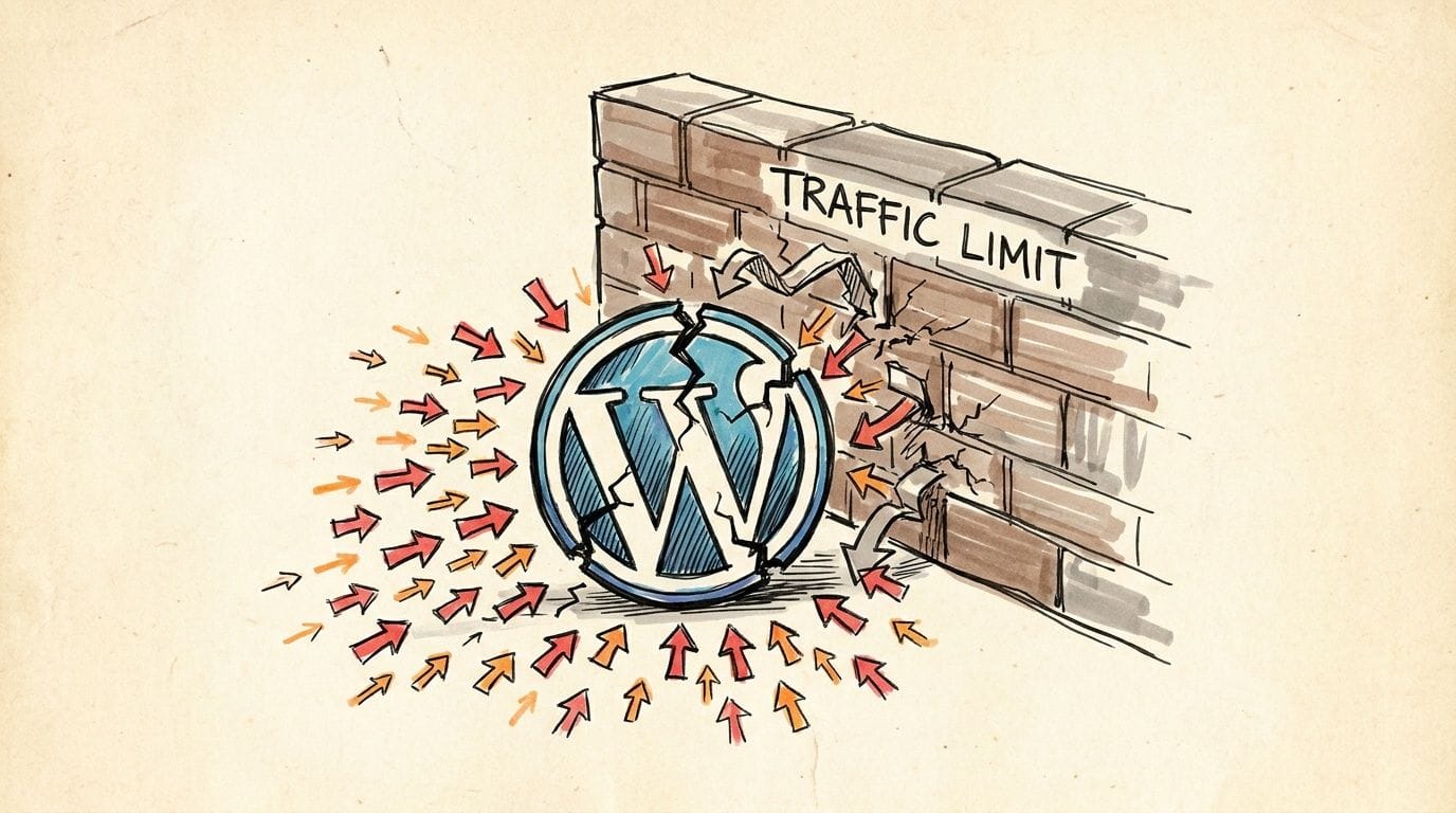 WordPress VPS Hosting: An AU Guide for 2026 1 A cracked wordpress logo hitting a brick wall labeled traffic limit, representing website scalability issues.