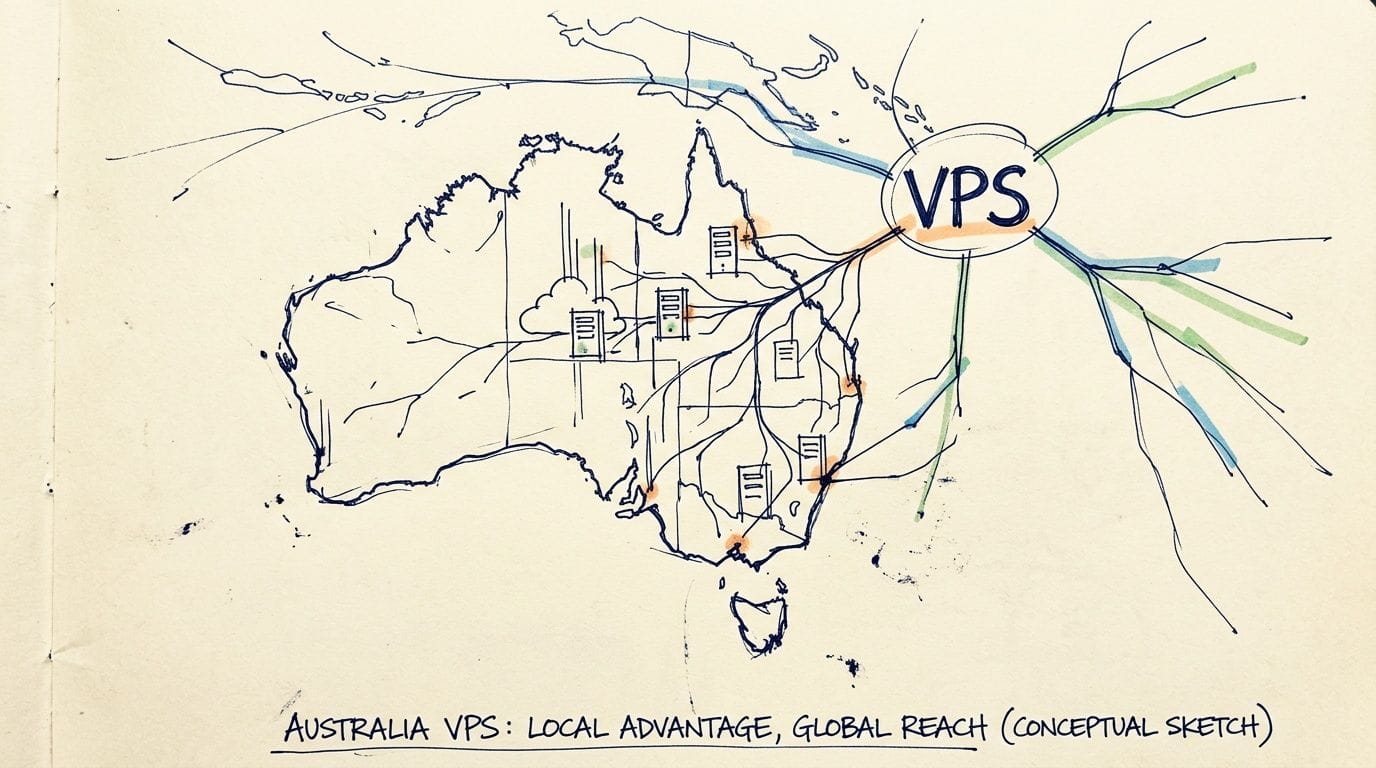 WordPress VPS Hosting: An AU Guide for 2026 5 A conceptual sketch map of australia illustrating local vps server infrastructure with global network connections.